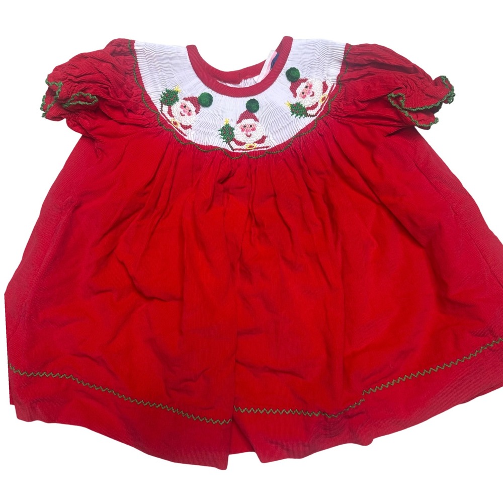 Southern Smocked red Santa Christmas girl toddler dress corduroy embroidered 12m